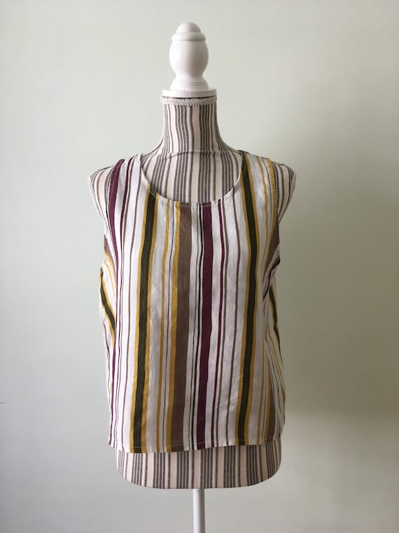 Vintage Sleeveless Linen Top Size M, Summer Linen Tank, Loose Linen Blouse, Relaxed Striped Shirt for Women, Cream Line Green Brown Stripes