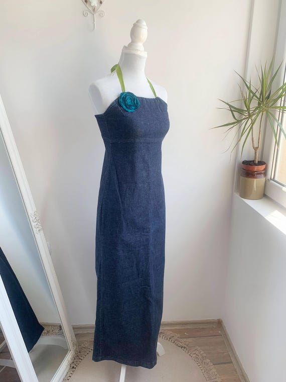 Vintage 90s Y2K Denim Halter Maxi Dress Size S, Boho Grunge Long Slim Fit Jean Dress with Satin Flower, Romantic Corragecore Backless Dress