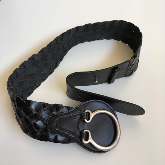 Black Leather Waist Belt, Vintage Wide Leather Belt with Silver Tone Buckle, Woven Statement Belt With Silver Tone Toggle Clasp