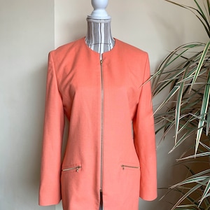 Vintage Coral Pink Wool Blazer dla kobiet Rozmiar 38 L, Cashgora Silk Blazer z kieszeniami, Długi wełniany żakiet, Wełniana kurtka, Wełniany płaszcz