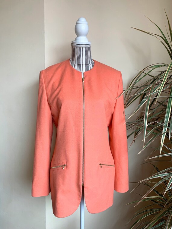 Vintage Coral Pink Wool Blazer for Women Size 38 L, Cashgora Silk Blazer with Pockets, Long Wool Blazer Coat, Wool Jacket, Wool Overcoat