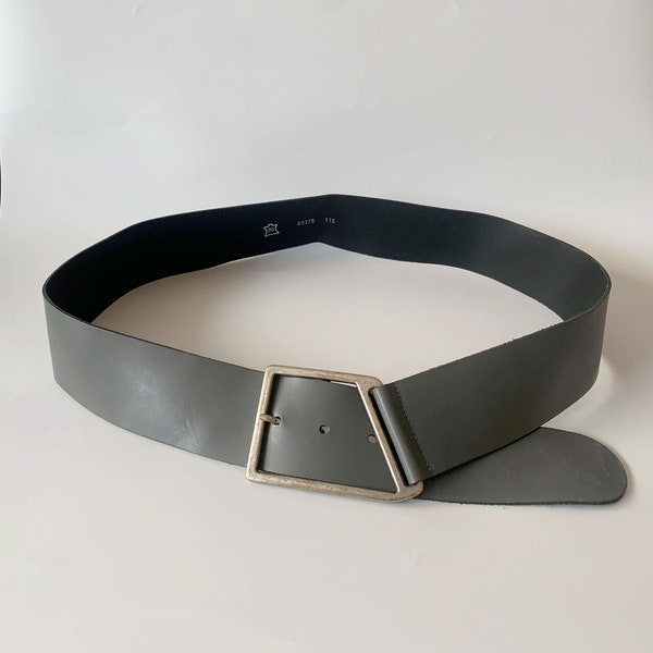 Vintage V Shaped Grey Leather Belt for Women, Asymmetrical Real Leather Belt, Wide Waist Belt, Silver Buckle Wide Hip Belt 115 cm / 45"