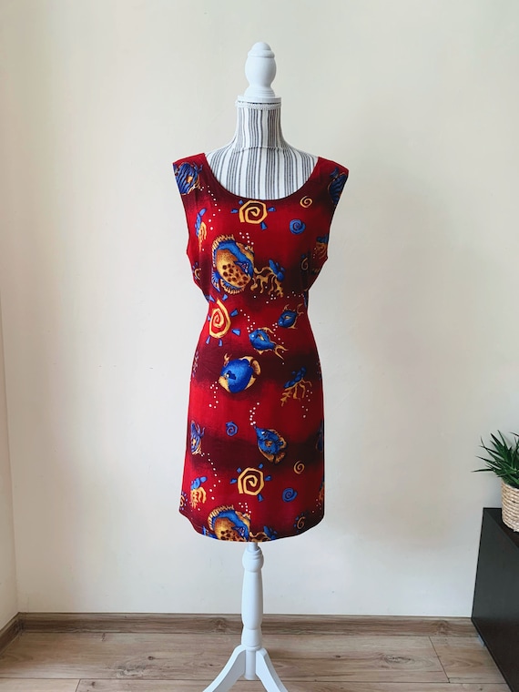 90s Grunge Dress L XL, Fish Print Summer Dress, Red Blue Yellow Beach Sundress, Scoop Neck Cotton Mini Dress, Tie Back Short Tank Dress