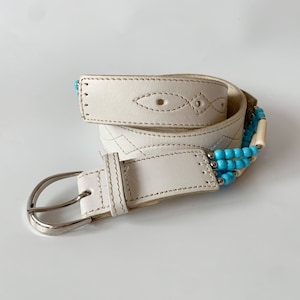 Vintage Western White Leather Belt, Boho Hippie Wide Waist 