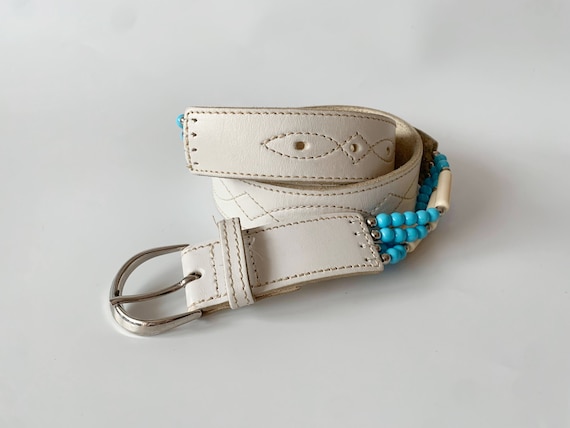 Vintage Western White Leather Belt, Boho Hippie Wide Waist Belt, Indian Style Beaded Real Leather Belt, Southwestern Jeans Belt 110 cm 43"
