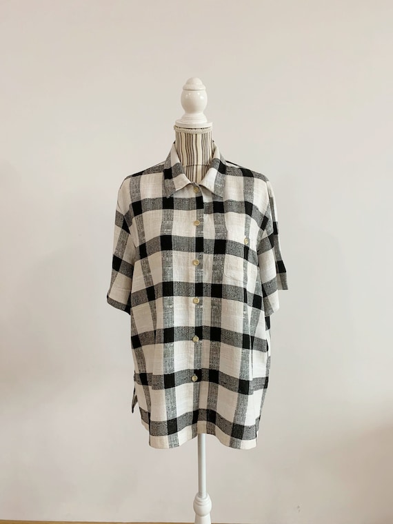 Black White Checkered Shirt for Women Size 46 XL, Vintage Relaxed Oversized Button Up Plaid Shirt, Monochromatic Boxy Short Sleeve Top