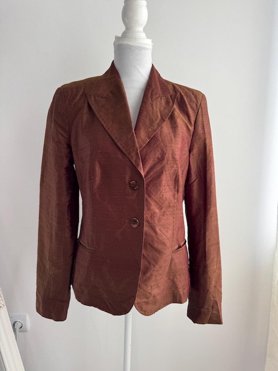 Vintage 90s FACILE 100% Raw Silk Blazer Jacket for Women Size L, Slouchy Boyfriend Fit, Textured Coarse Weave, Copper Bronze Rust Brown