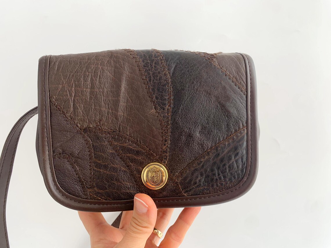 Vintage Brown Leather Satchel, Leather Patchwork Bag, Small Crossbody Bag, Real Leather Shoulder Purse, Messenger Bag for Women, 90s Handbag, foto 3 di 5