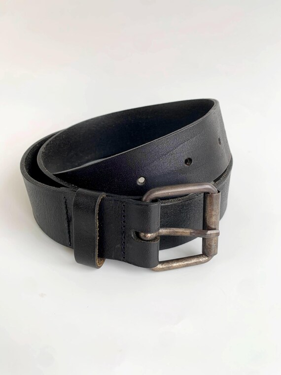 Vintage Black Leather Belt 85 cm / 34", Simple Leather Jeans Belt for Women, Real Leather Belt With Silver Tone Buckle, Simple Waist Belt