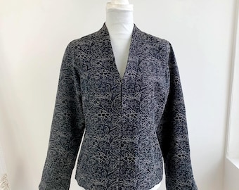 Vintage 90s Ofelia Black & Silver Jacquard Blazer Size M, Y2K Grey Brocade Tapestry Jacket, V-Neck Minimalist Metallic Formal Crop Coat