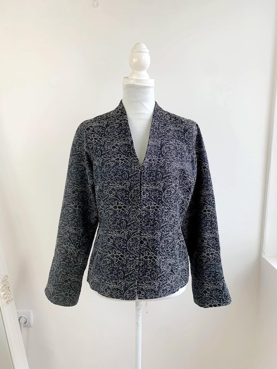 Vintage 90s Ofelia Black & Silver Jacquard Blazer Size M, Y2K Grey Brocade Tapestry Jacket, V-Neck Minimalist Metallic Formal Crop Coat
