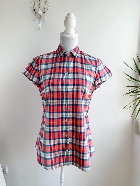 Vintage Y2K Lacoste Button Up Shirt for Women Size M, 100% Cotton Short Sleeve Shirt, Red Blue White Plaid Collared Blouse, Retro Style Top