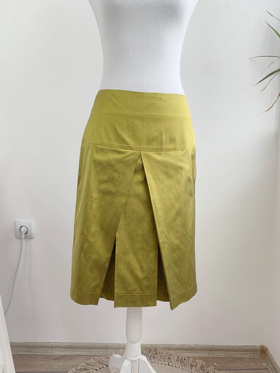 Vintage Eva & Claudi Olive Green Pleated Skirt Size M, Y2K Designer Midi Skirt, Silk Skirt with Kick Pleat, Sustainable Vintage Fashion