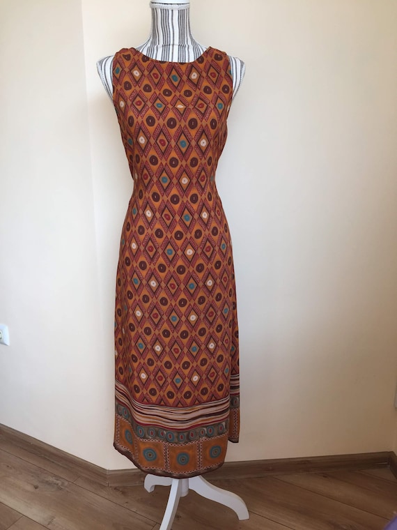 Tie Back Side Slit Ankle Length Vintage 90s Summer Dress, Rhombus Circle Geometric Pattern Beach Sundress, Boho Brown Scoop Neck Dress