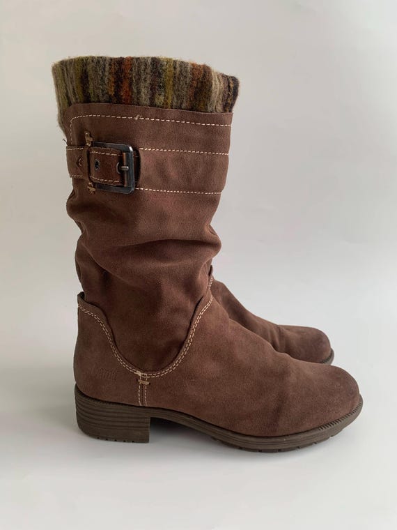 Vintage Brown Leather Boots for Women Size 40, Western Flat Suede Leather Boots, Mid Calf Nubuck Boots With Felt Wool Top, Low Zip Up Boots