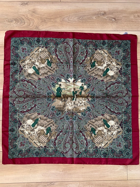 Vintage 80s Square Neck Scarf for Women, Equestrian Hunting Scene Scarf, Sage Green Burgundy Red Head Scarf, Horses and Dogs Print Scarf