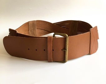 Camel Brown Real Leather Boho Belt with Brass Buckle, Vintage Bohemian Wide Hip Belt, 90s Women's Leather Belt Size L