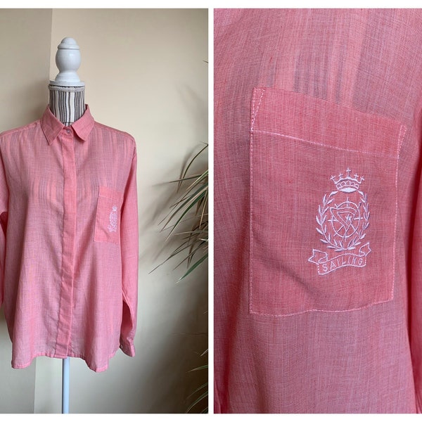 Vintage 80s Salmon Pink Button Up Shirt for Women Size 44 M, Collared Long Sleeve Shirt, Loose Fit Button Front Top, Yacht Sailing Clothing