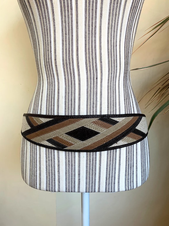 Vintage 80s Patchwork Leather Belt, Western Boho Wide Waistband, Snakeskin Print Statement Belt, Brown Corset Belt, Eclectic Chic Accessory