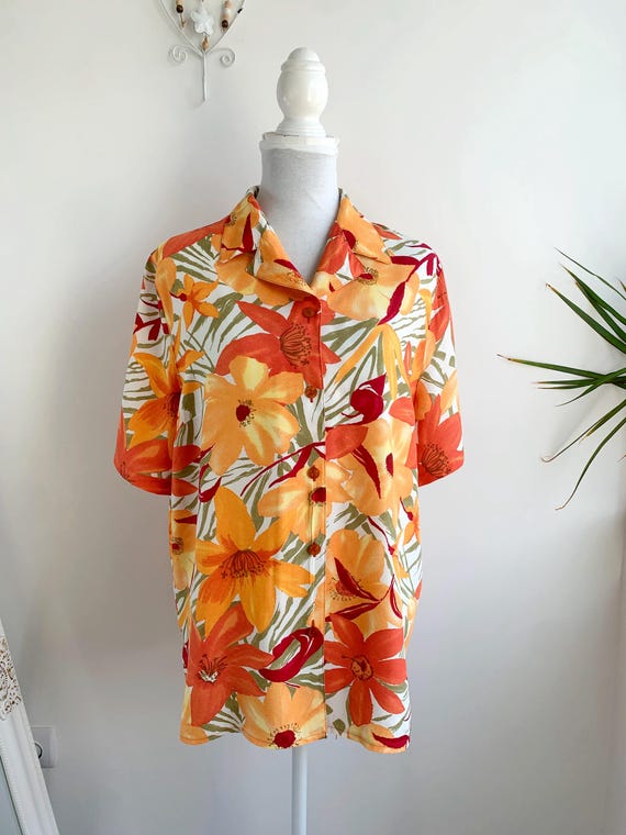 90s Hawaiian Shirt XL, Tropical Floral Aloha Top Orange Red Hibiscus Print Boho Coastal Grandma Button Up Vintage Summer Resortwear Women