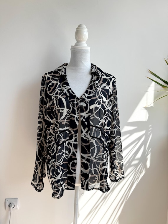 Vintage Sheer Abstract Print Blouse Women Size XL, 90s Black Beige Swirl Chiffon Shirt Velvet Trim, Collared Two Button Oversized Art Top