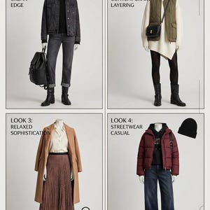 May include: A style guide featuring four outfits with black harness boots. Look 1: black denim jacket, turtleneck, jeans, and backpack. Look 2: olive vest, white sweater, black tights, and crossbody bag. Look 3: tan coat, patterned skirt, and handbag. Look 4: maroon puffer jacket, hoodie, jeans, and beanie.