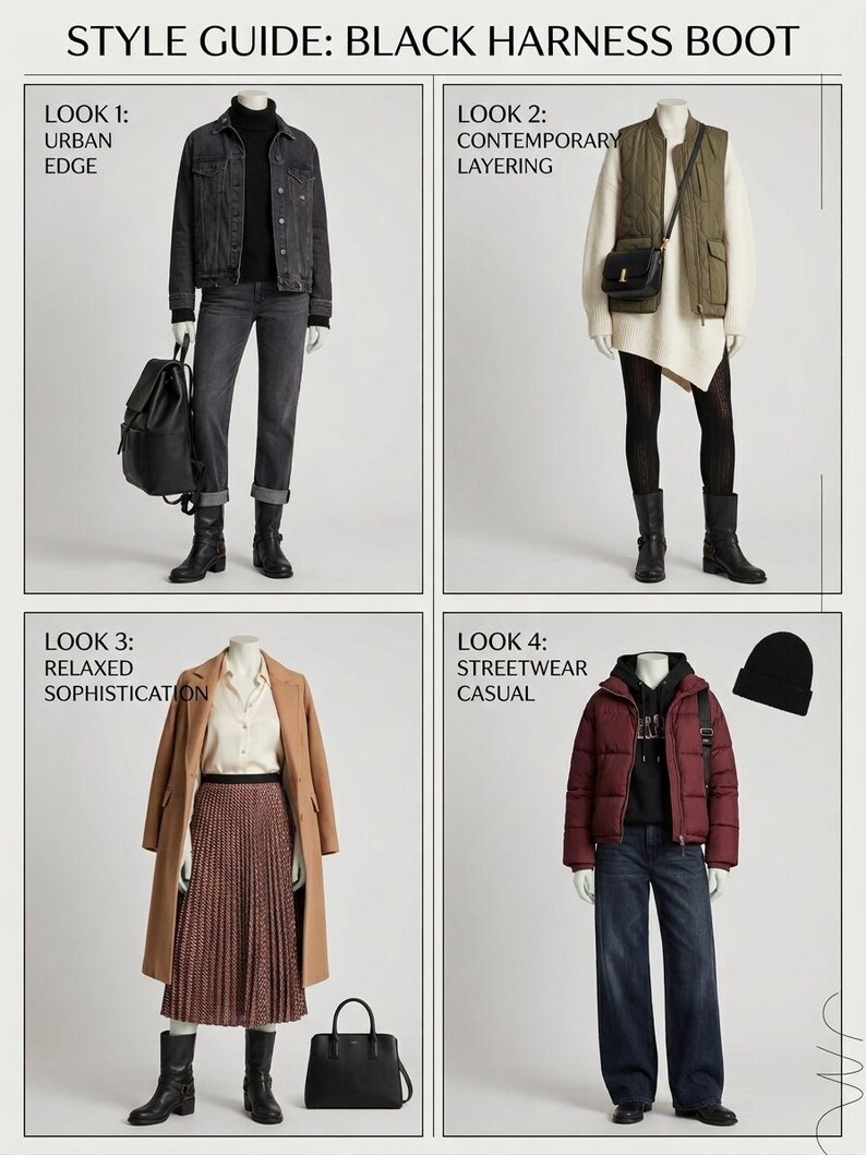 May include: A style guide featuring four outfits with black harness boots. Look 1: black denim jacket, turtleneck, jeans, and backpack. Look 2: olive vest, white sweater, black tights, and crossbody bag. Look 3: tan coat, patterned skirt, and handbag. Look 4: maroon puffer jacket, hoodie, jeans, and beanie.
