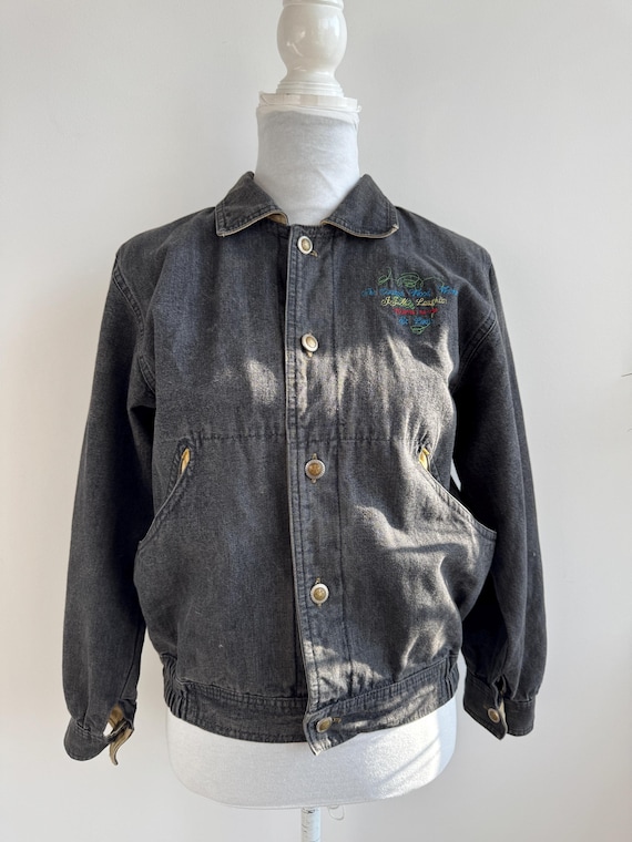 Vintage Denim Bomber Jacket Dark Stone Washed Faded Black Charcoal Grey Jean Trucker Jacket Women's XS 100% Cotton Button Up Pointy Collar