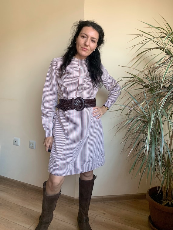 Vintage White Cotton Button Up Dress With Brown Stripes Size S, Long Sleeve Retro 70s Shirt Dress, Vertical Striped Pattern, Midi Length