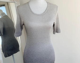 Vintage 90s Silver Lurex Knit Top, Ribbed Metallic Blouse, Shimmer Party Short Sleeve Sweater, Retro Glam Ombre Gradient Going Out Top