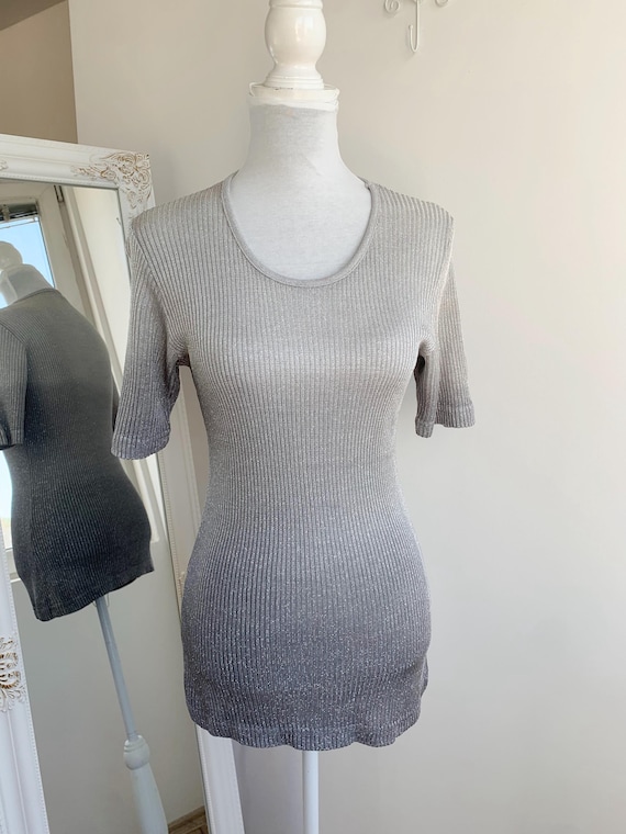 Vintage 90s Silver Lurex Knit Top, Ribbed Metallic Blouse, Shimmer Party Short Sleeve Sweater, Retro Glam Ombre Gradient Going Out Top