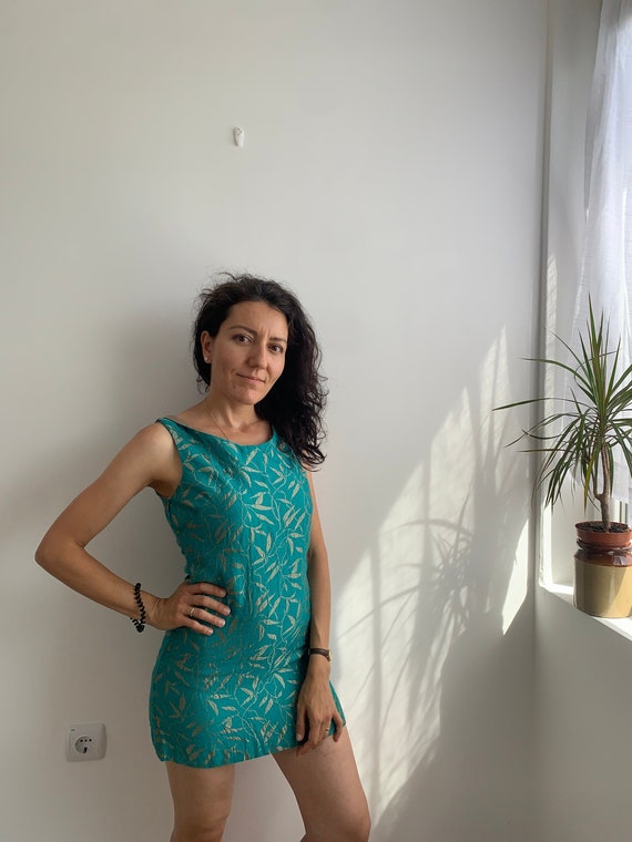 Teal Blue Metallic Mini Dress Size XXS, Vintage Extra Small Ultra Short Dress, Prom Dress, Sleeveless Fitted Dress, Formal Cocktail Dress