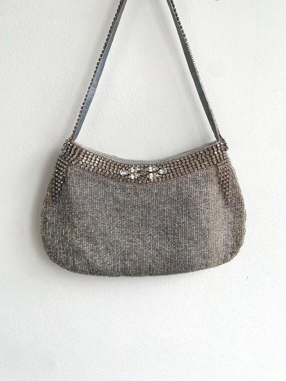 Vintage Silver Seed Bead Purse with Rhinestones, Evening Shoulder Bag, 1990s Beaded Cocktail Purse, Glamorous Art Deco Flapper Party Bag
