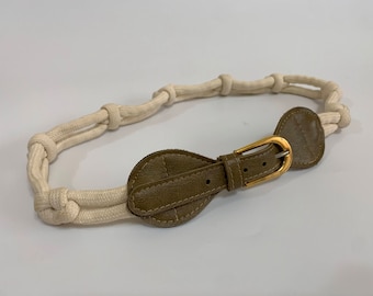 Ceinture en corde de style vintage des années 70 pour femme, ceinture à noeud nautique des années 80, ceinture tissée en coton beige, ceinture en similicuir vert olive, ceinture en macramé