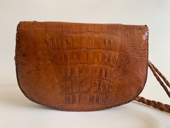 Vintage Tan Brown Small Shoulder Bag with Braided Strap, Genuine Distressed Leather Mini Handbag, Real Reptile Skin Purse, Boho Purse