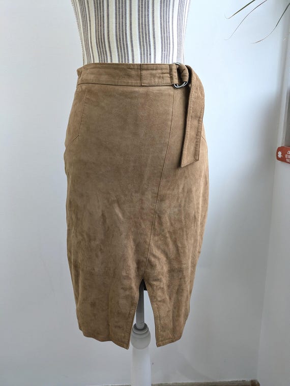 Vintage Y2K Camel Brown Suede Mini Skirt Size XS, Buckle Up Belted Soft Natural Leather Pencil Skirt, Boho Hippie Festival Clothing Gift