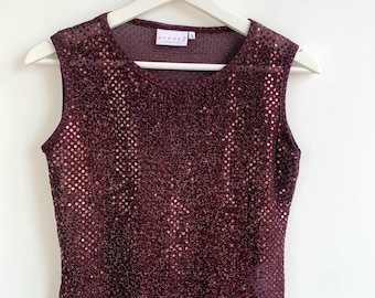 Vintage Hennes Sequin Tank Top S, Y2K Maroon Rose Gold Sparkle Top, Glitter Mesh Party Vest, Transparent Crop Top, 90s Disco Glam Clubwear