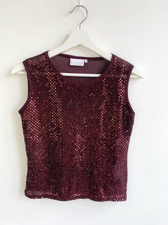 Vintage Hennes Sequin Tank Top S, Y2K Maroon Rose Gold Sparkle Top, Glitter Mesh Party Vest, Transparent Crop Top, 90s Disco Glam Clubwear