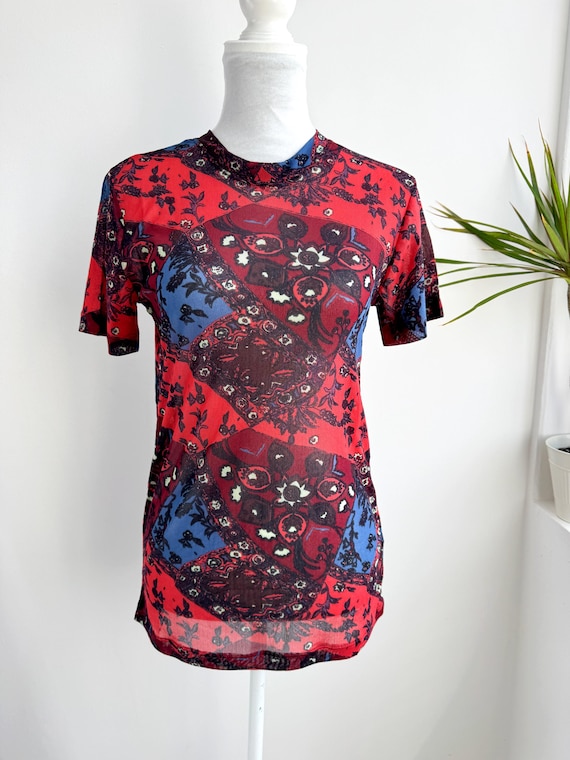 Vintage Y2K Mesh Top, Red Patchwork Print Sheer Stretch Tee, 525 Five Two Five Short Sleeve Slim Fit Retro Festival Top, See Trough Blouse