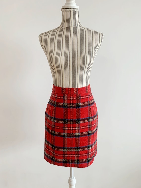 Vintage Plaid Wool Mini Skirt Size XS S, 80s Scottish Tartan Winter Skirt, Short Sexy High Waisted Wiggle Skirt in Red Yellow Blue Black
