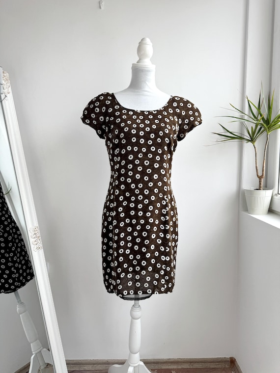 Vintage 90s Italian Olive Green Geometric Print Mini Dress, Summer Chiffon Cap Sleeve Shift Dress L'Equipe Made in Italy Womens Size IT 44 M