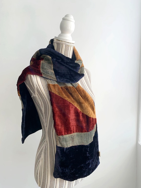 Vintage Lined Velvet Scarf, Elegant Patchwork Velvet Shawl, Navy Blue Camel Rust Brown Gold Velvet Neck Scarf, Art Deco Long Velour Wrap