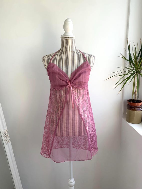 Vintage Pink Sheer Nightgown Size L, Lace Sleepwear for Women, Honeymoon Night Dress, Halter Neck Chemise, Mesh Camisole, Babydoll Nightie