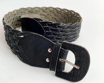 Vintage Black Real Leather Belt for Women, Reptile Embossed Wide Waist Belt, Crock Corset Belt, Braided Boho Belt, Wasitband Belt, Obi Belt