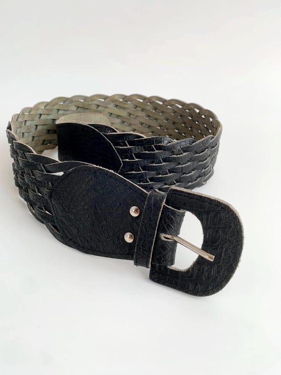 Vintage Black Real Leather Belt for Women, Reptile Embossed Wide Waist Belt, Crock Corset Belt, Braided Boho Belt, Wasitband Belt, Obi Belt