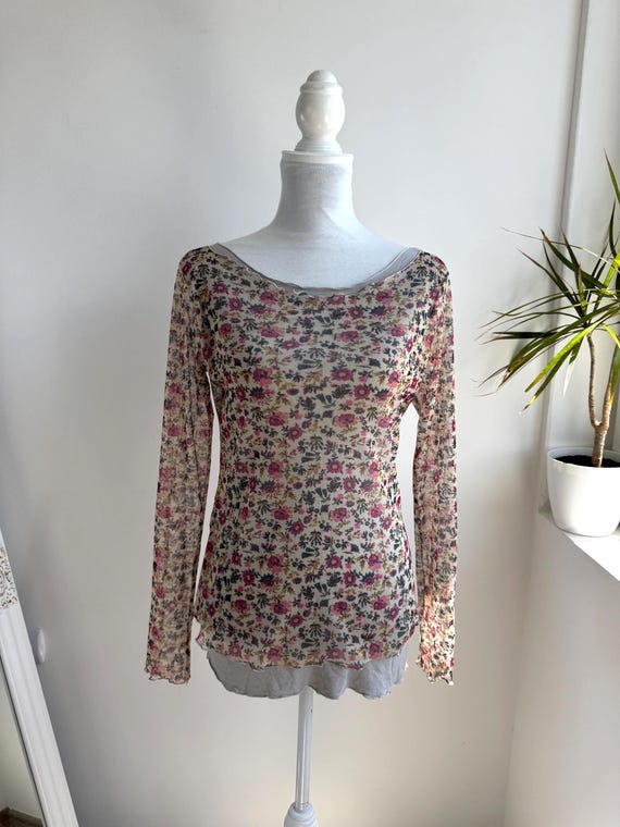 Vintage Y2K Sheer Mesh Floral Top Double Layer Long Sleeve Blouse Blue Joint Made in Italy Cottagecore Grunge Fairycore Lettuce Trim Tee M