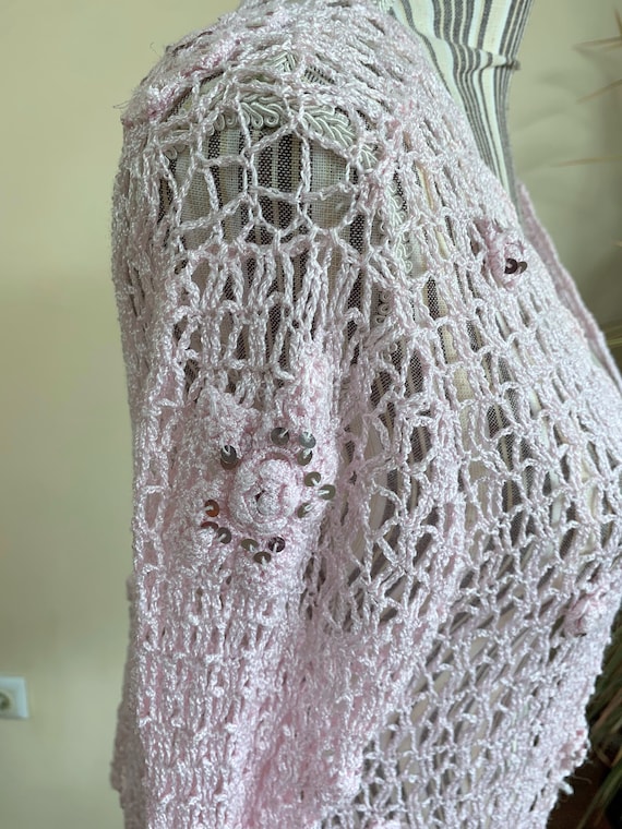 Vintage Light Pink Crochet Cardigan, Asymmetrical… - image 9