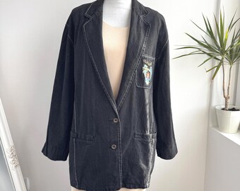 Vintage 90s La Rue Bleu Black Denim Blazer, Made in Italy 90s Oversized Denim Jacket with Embroidered Crest, Cotton Jean Coat Size 46 / L