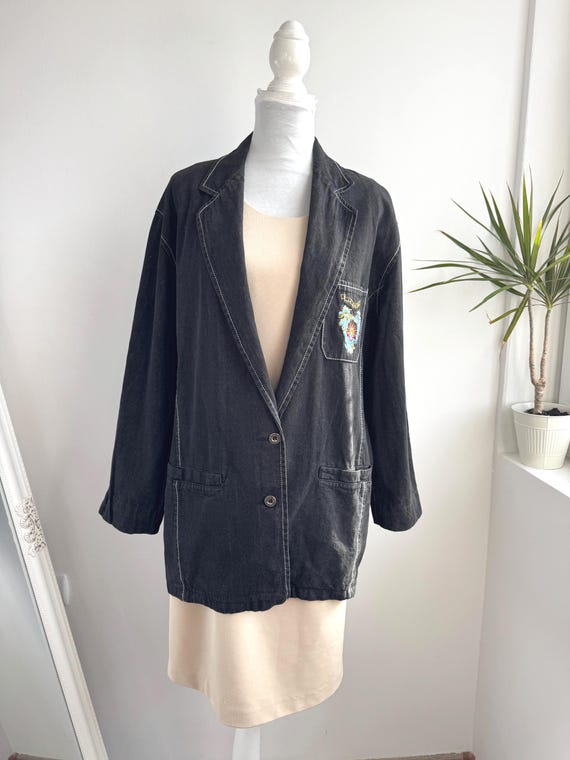 Vintage 90s La Rue Bleu Black Denim Blazer, Made in Italy 90s Oversized Denim Jacket with Embroidered Crest, Cotton Jean Coat Size 46 / L