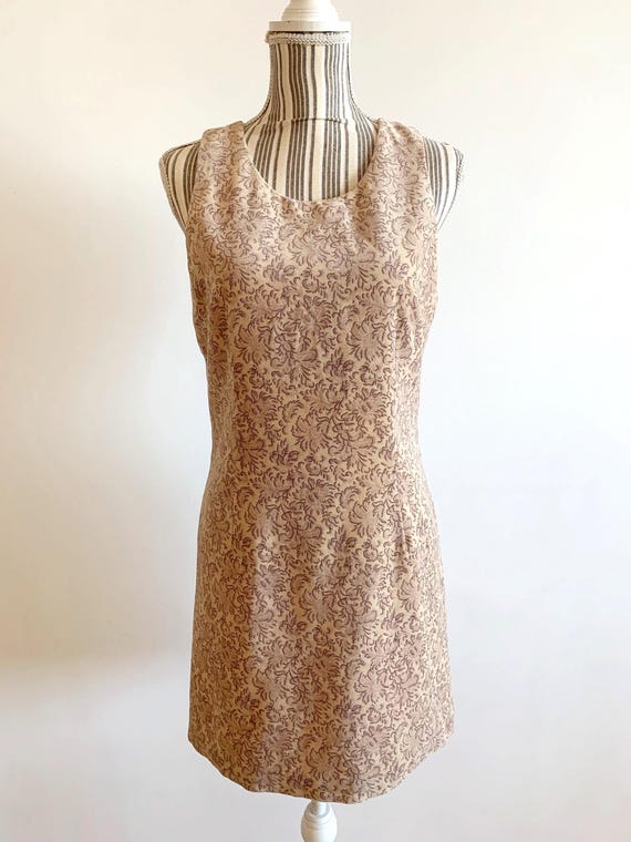 Vintage Corduroy Dress for Women Size S M, 90s Does 60s Mini Dress, Nude Beige Floral Velvet Dress, Sleeveless Velveteen Short Mod Dress,